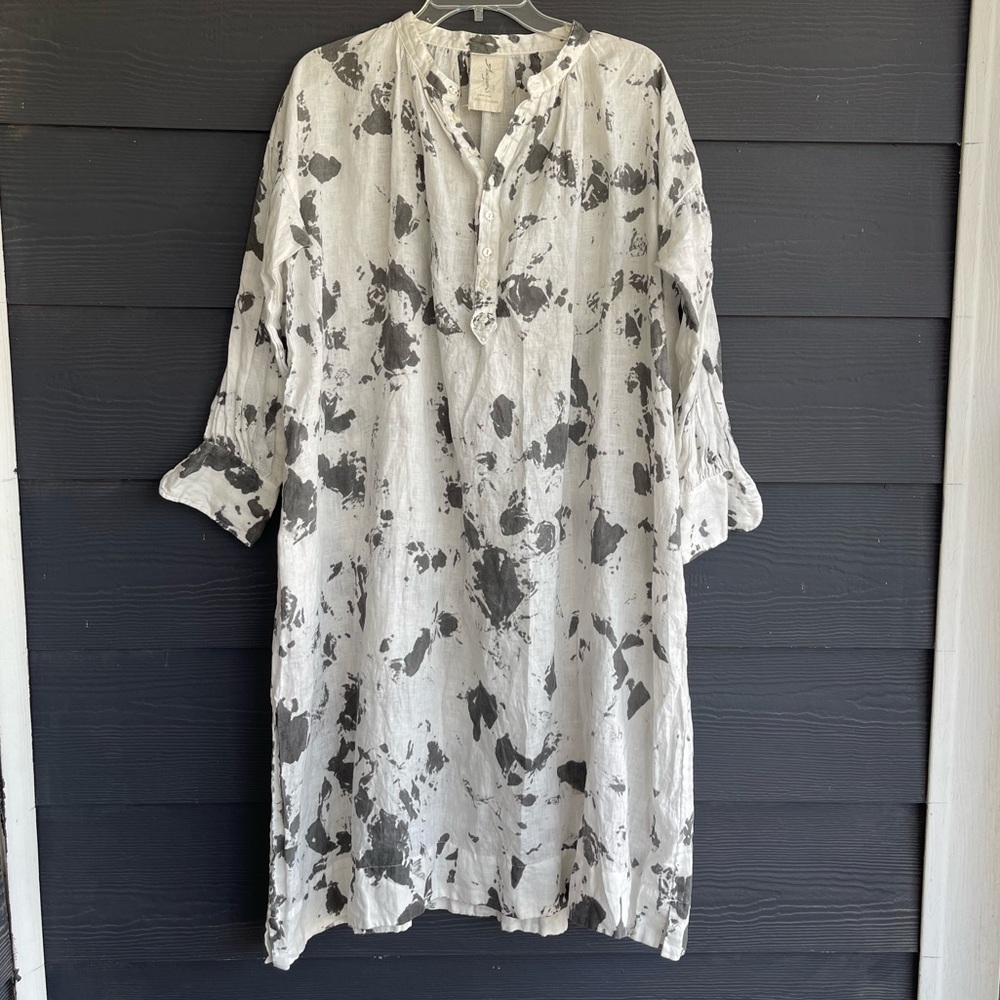 Ichi antiquities linen oversize dress plaint splatter button lagenlook OSFM -1B